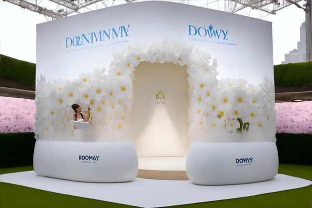 Photo d'une femme en robe blanche entourée d'une belle exposition de fleurs