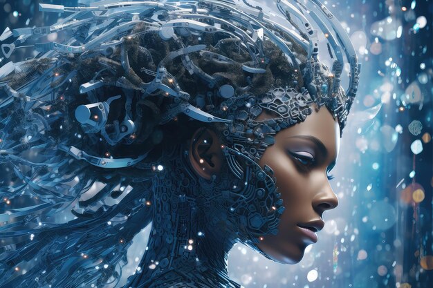Photo d'une femme robot réaliste Illustration générative Une femme robot tête détail bleu