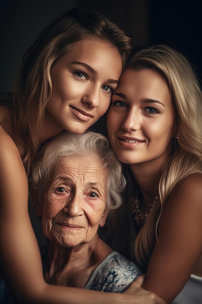 Une photo d'une femme avec sa mère et sa grand-mère.