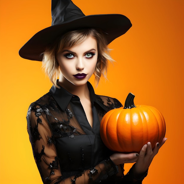 Photo femme souriante habillée en sorcière pour le jour d'Halloween avec des citrouilles maléfiques ai générative