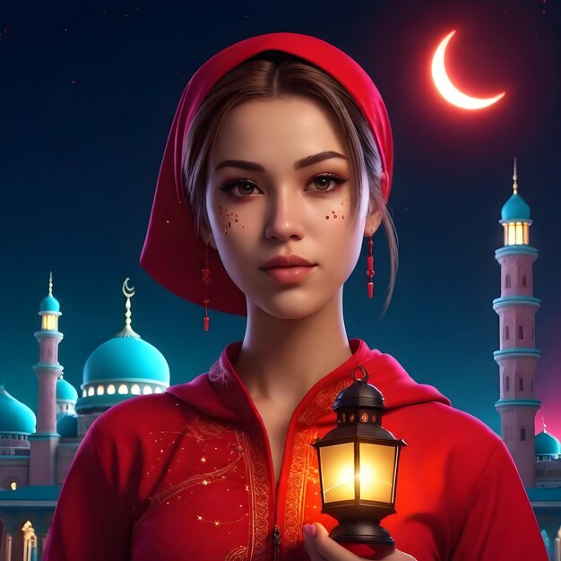 Photo photo de femme de style dessin animé avec la peau claire et une lanterne à l'arrière-plan des mosquées