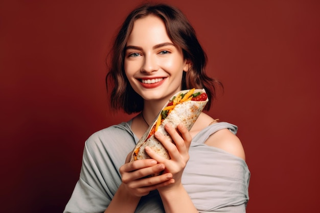 Photo d'une femme tenant un burrito dans ses mains avec un fond créé avec une IA générative