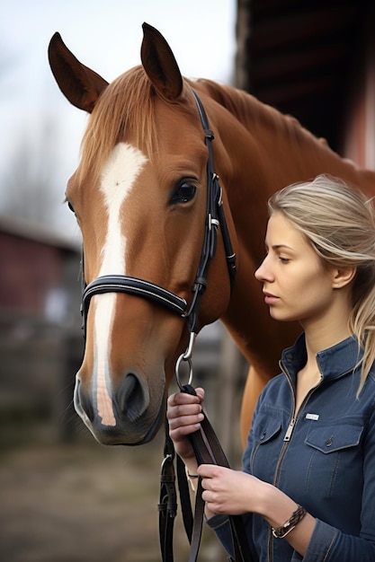 Photo d'une femme tenant les rênes et la bride de son cheval dans une ferme créée avec une IA générative