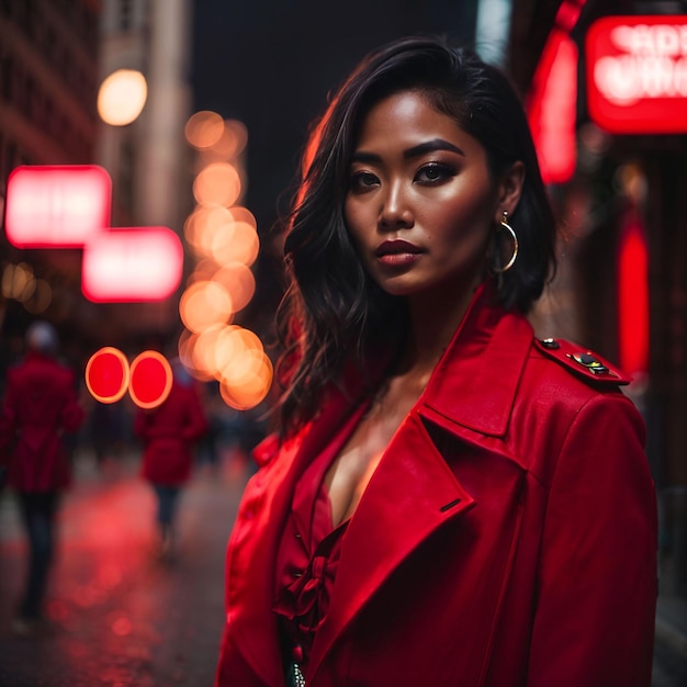 Photo d'une femme en tissu rouge la nuit dans la rue avec une IA générative légère