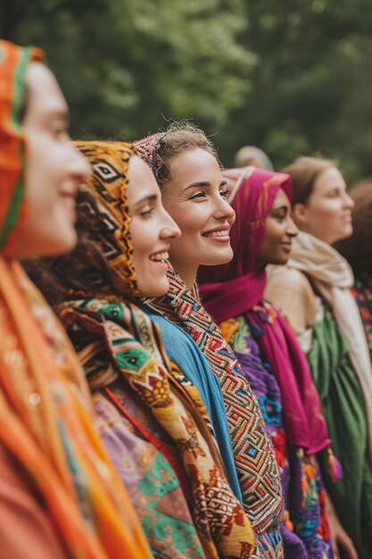 une photo de femmes en tenue traditionnelle de différentes cultures célébrant ensemble la fête de la femme