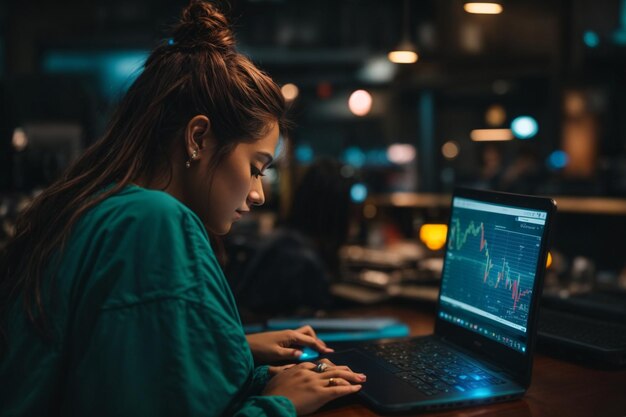 photo des femmes travaillent la nuit avec un ordinateur portable