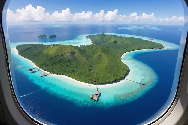 Photo d'une fenêtre d'avion d'intérieur à l'extérieur pour voir les îles paradisiaques