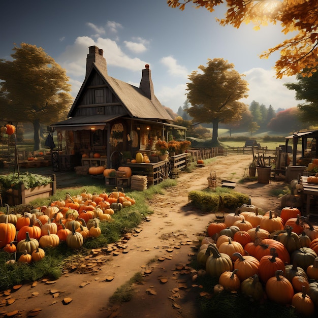 photo d'une ferme de citrouilles avec des stands vendant des citrouilles décoration d'automne ambiance d'automne