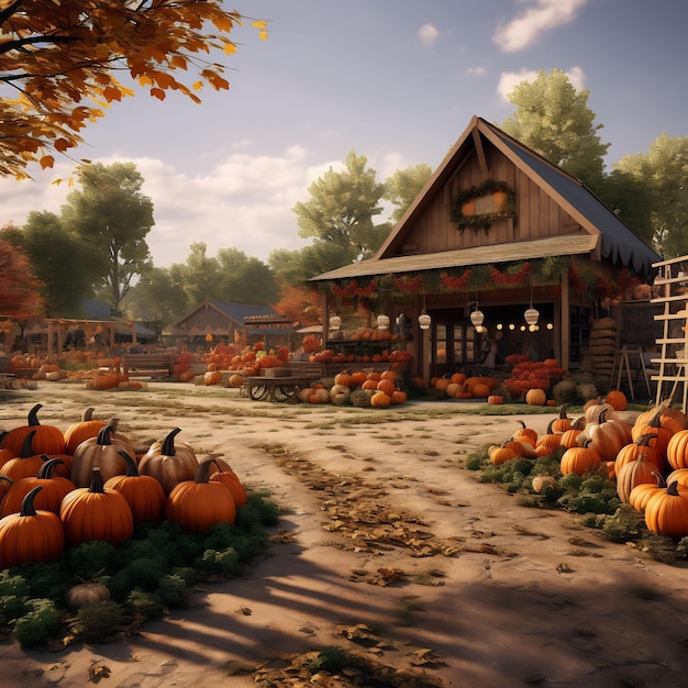 photo d'une ferme de citrouilles avec des stands vendant des citrouilles décoration d'automne ambiance d'automne