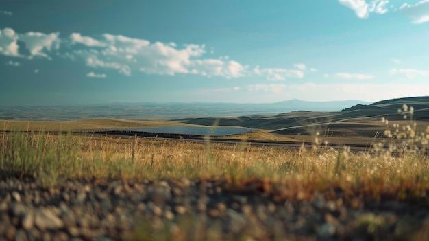 Photo d'une ferme d'énergie solaire et d'énergie avec un paysage flou en arrière-plan photo professionnelle