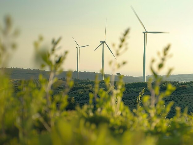 Photo d'une ferme d'éolien et d'énergie avec un paysage flou en arrière-plan photo professionnelle