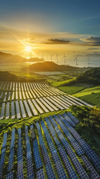 une photo d'une ferme solaire avec un coucher de soleil en arrière-plan