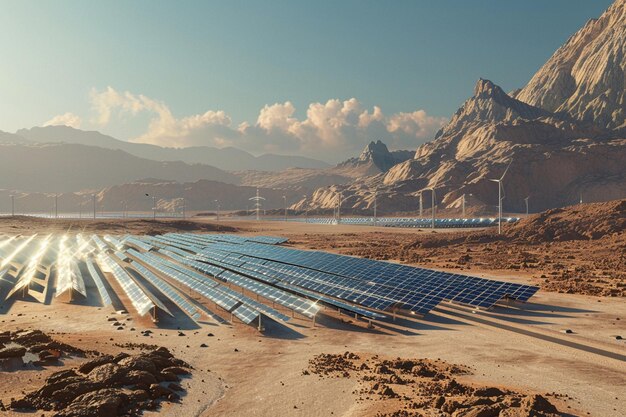 une photo d'une ferme solaire avec des montagnes en arrière-plan