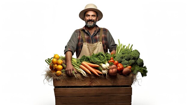 Une photo d'un fermier avec un boisseau de légumes