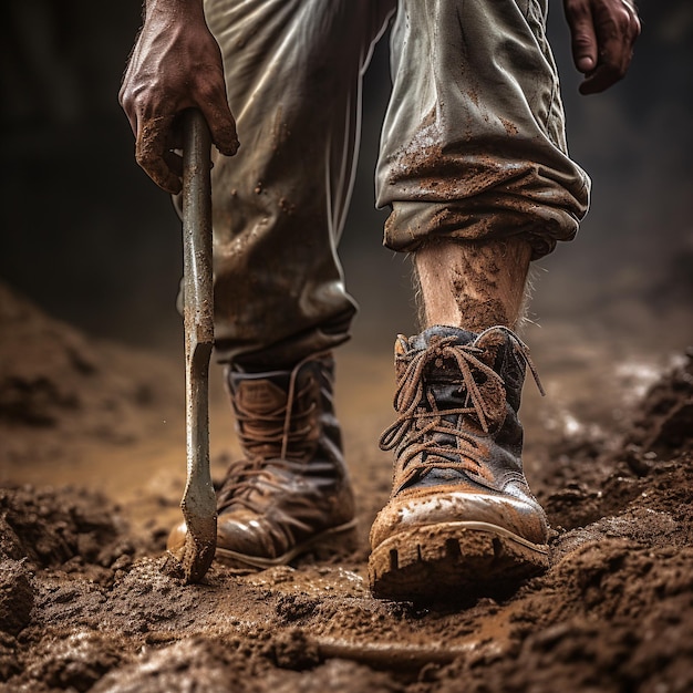 photo de la fête du travail d'un travailleur portant une chaussure avec de la boue et tenant un marteau
