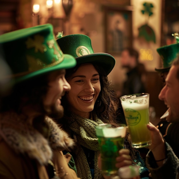 photo fête de la journée de saint patrick des amis heureux célèbrent et boivent de la bière verte