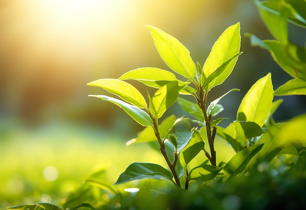 Photo de feuilles de bourgeons de thé vert et de plantation avec le soleil du matin en arrière-plan