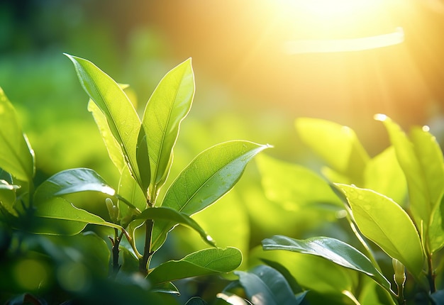 Photo de feuilles de bourgeons de thé vert et de plantation avec le soleil du matin en arrière-plan