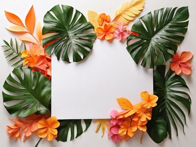 photo de feuilles tropicales d'été avec un papier blanc sur fond blanc