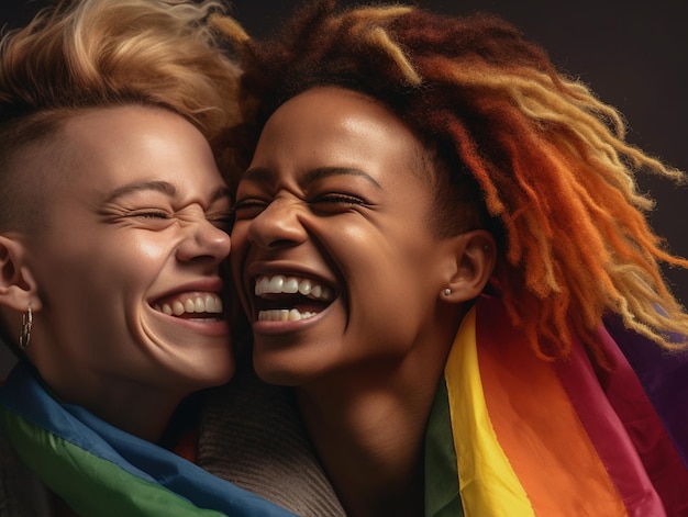 Photo photo de fierté expressive d'un couple de lesbiennes gays avec fond d'écran du mois de la fierté du drapeau arc-en-ciel