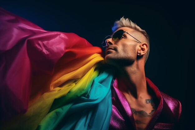 Photo de fierté expressive d'un homme gay avec un drapeau arc-en-ciel Fond d'écran du mois de la fierté