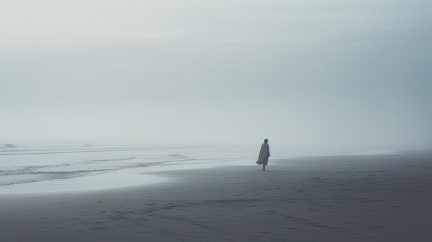 Une photo d'une figure solitaire sur une plage brumeuse aux couleurs éteintes