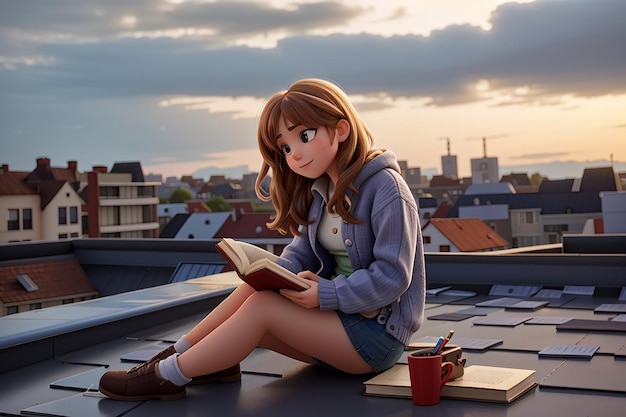 Photo d'une fille assise sur un toit en train de lire un livre