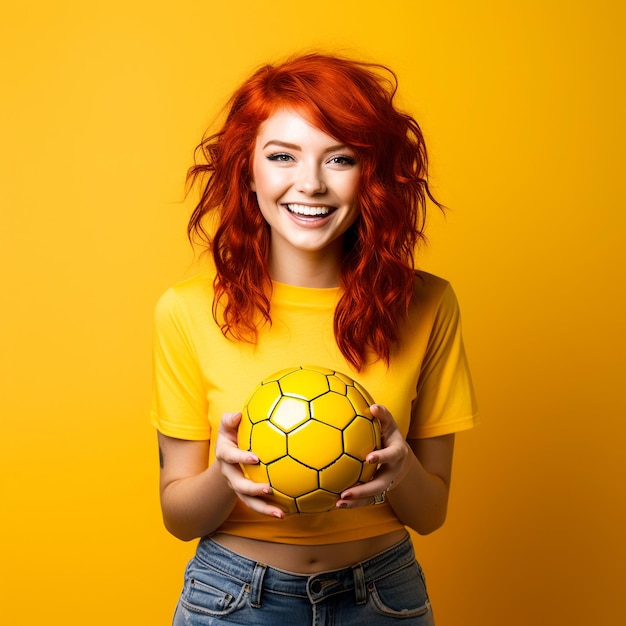 photo d'une fille aux cheveux roux excitée tenant un ballon de volley-ball