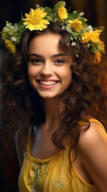 Une photo d'une fille brune souriante avec une couronne de marguerites sur la tête