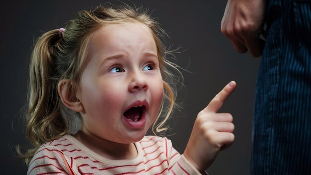 Photo d'une fille caucasienne stupéfaite qui regarde la caméra, la mâchoire baissée, le doigt d'index pointé.