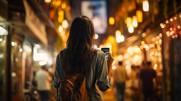 Photo d'une fille avec des dreadlocks marchant la nuit dans la rue de la ville contre les lumières de guirlandes