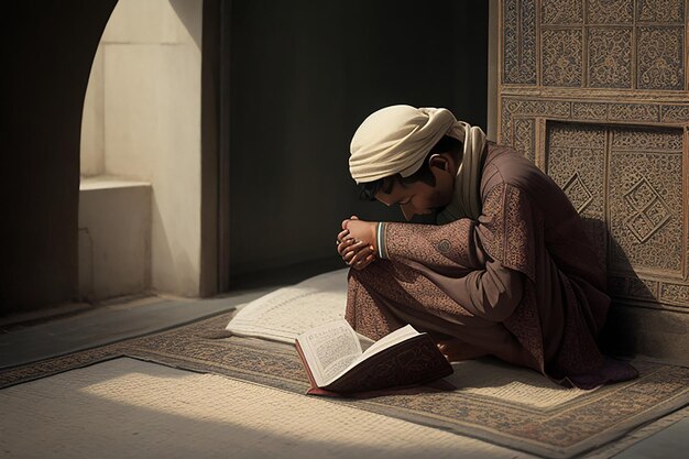 Photo d'une fille et d'un garçon musulmans lisant un livre sacré, le Coran, à l'intérieur de la mosquée