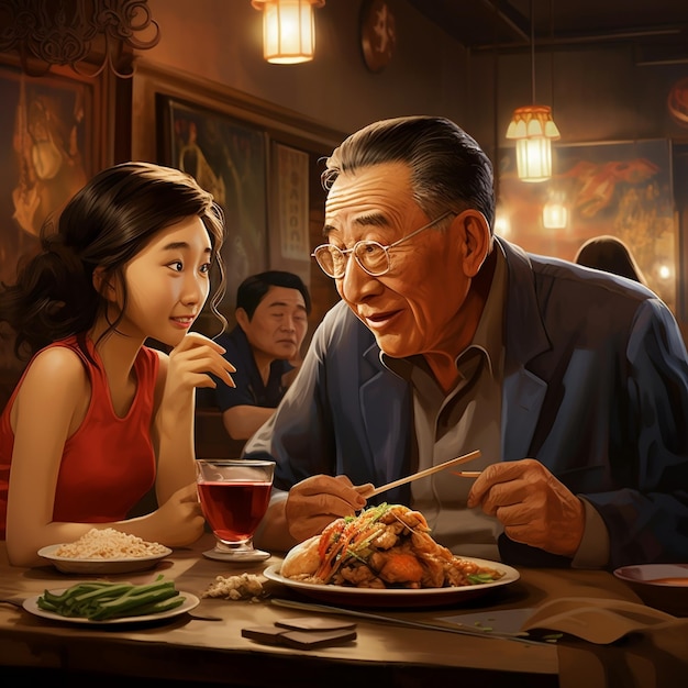 une photo d’une fille et d’un homme en train de manger de la nourriture.