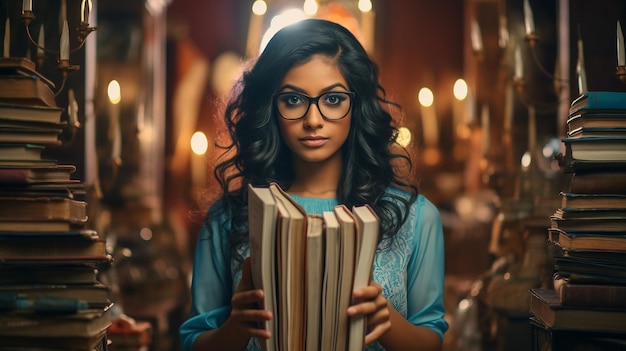 Photo fille avec des lunettes est titulaire d'un ensemble de cahiers