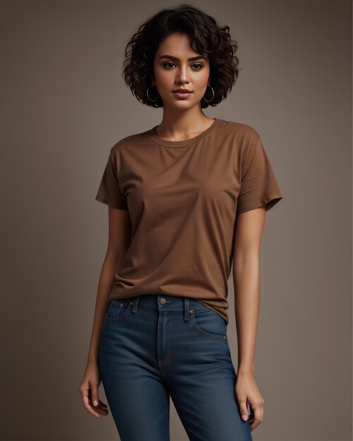 Photo de fille modèle t-shirt marron cheveux courts