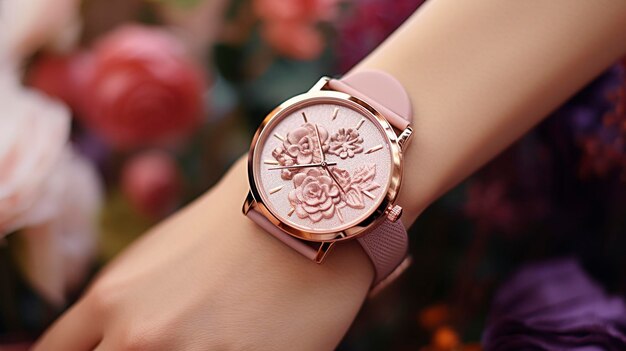 Une photo d'une fille avec une montre chic en or rose