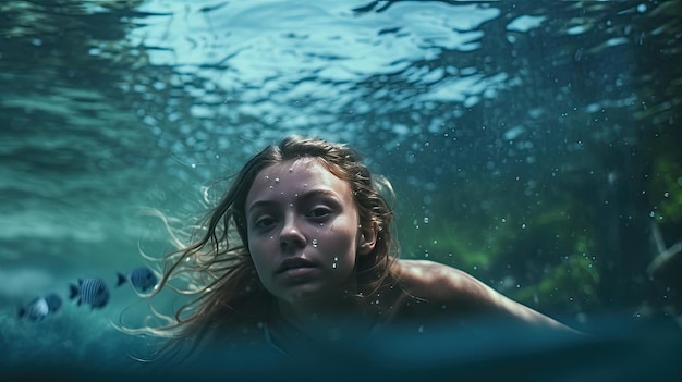 Une photo d'une fille plongeant sous l'eau dans les tropiques.