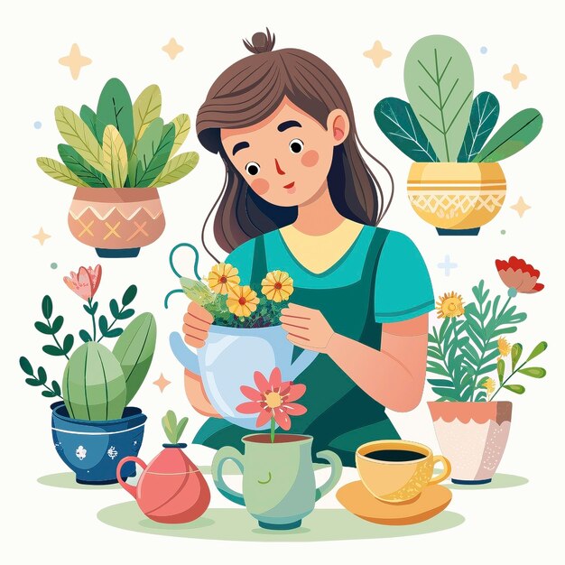 Photo une photo d'une fille avec un pot de fleurs et de plantes