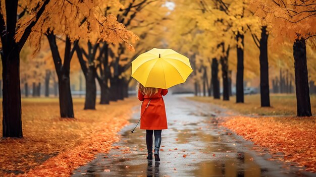 Photo d'une fille seule dans le parc d'automne avec un parapluie jaune par temps de pluie