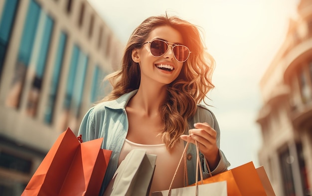 Photo de filles commerçantes heureuses et excitées avec des sacs colorés