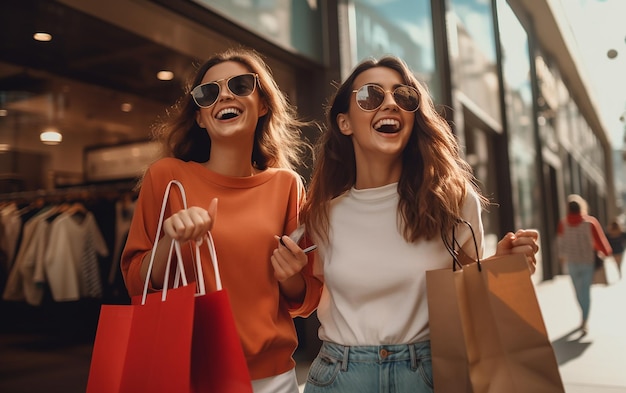 Photo de filles commerçantes heureuses et excitées avec des sacs colorés