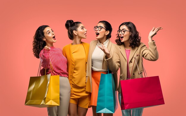 Photo de filles commerçantes heureuses et excitées avec des sacs colorés