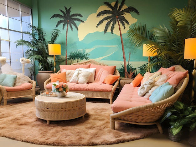 Photo de filles dans une chambre tropicale avec décor de palmiers Impressions tropicales Créateur de contenu Rat Diffusion en direct