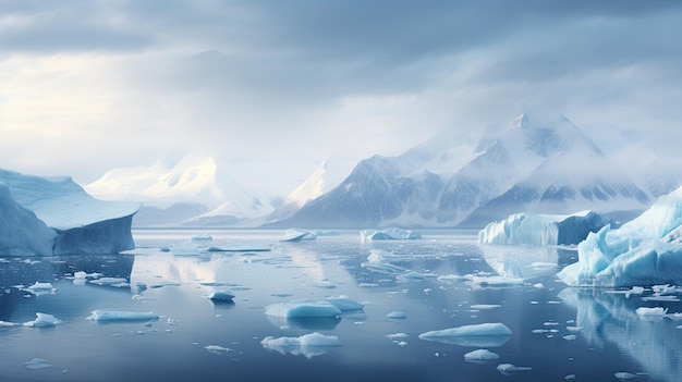 Une photo d'un fjord arctique avec des icebergs flottants et des sommets enneigés en arrière-plan