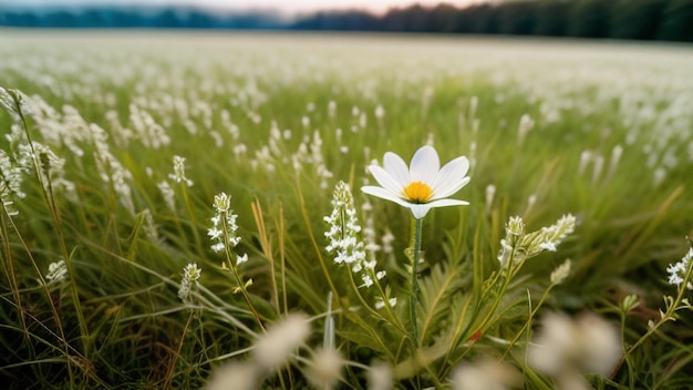 photo fleur blanche devant un champ de prairie