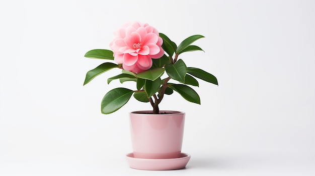 Photo photo d'une fleur de camélia dans un pot isolée sur un fond blanc