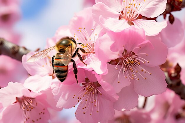 Photo de la fleur de cerisier macro avec la capture d'abeilles