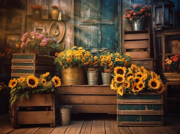 Une photo d'un fleuriste avec un bouquet de tournesols dans un seau.