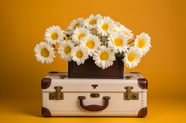 Photo de fleurs de marguerite avec une valise vintage comme pr