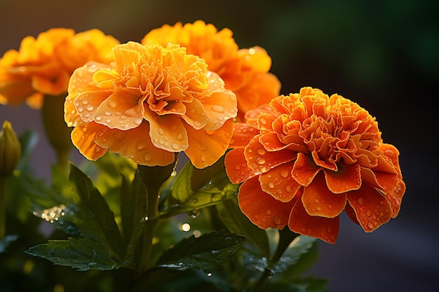 Une photo de fleurs de marigold avec un fond bokeh